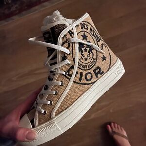 Dior Walk'n'dior Union Embroidered Beige Jute Lace Up Flat High Top Sneaker 39.5